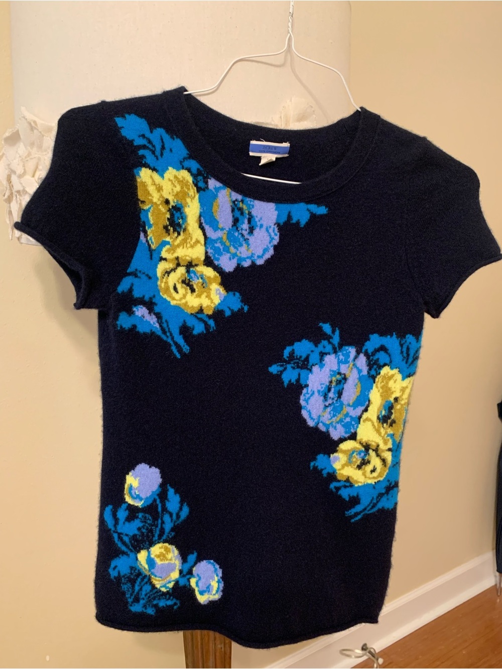 J. Crew Navy Short-Sleeve Floral Cashmere Sweater with Yellow & Blue Flowers